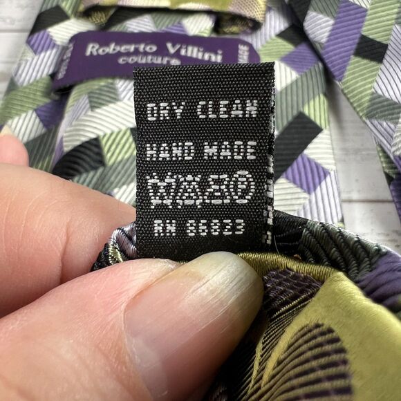 Roberto Villini Couture Silk Tie Geometric Green Purple Handmade Men's Necktie - Picture 4 of 7